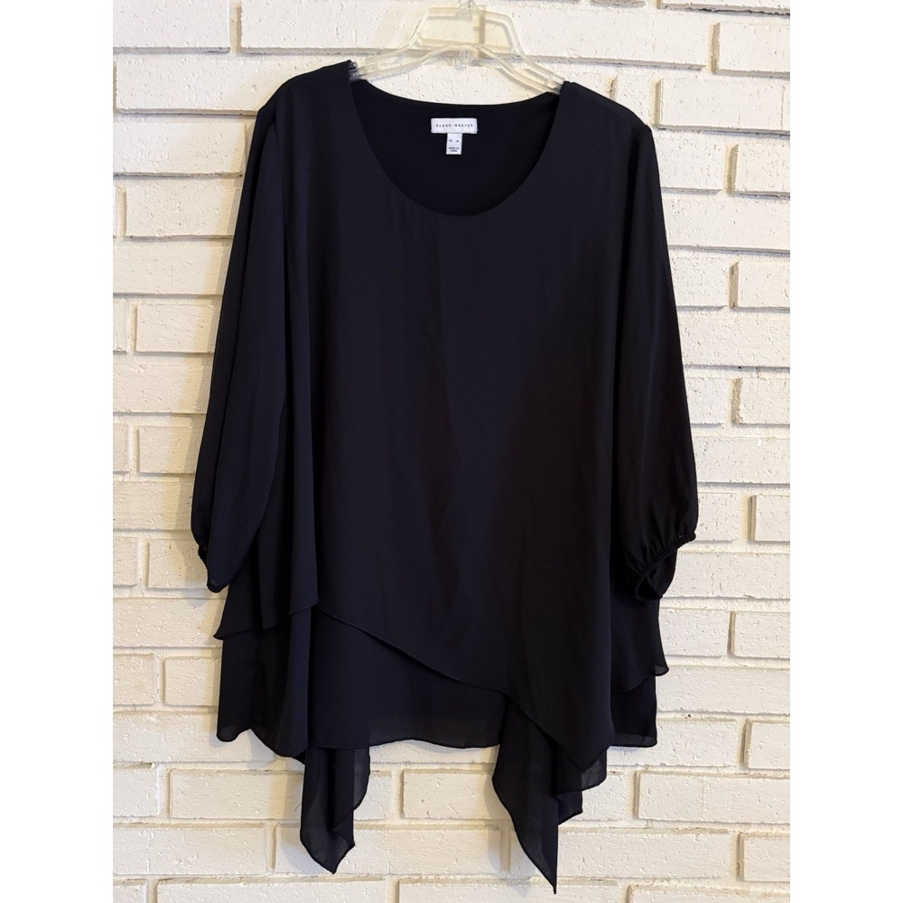 Susan Graver Woven 3/4- Sleeve Top with Asymmetrical Tier Black Size XL